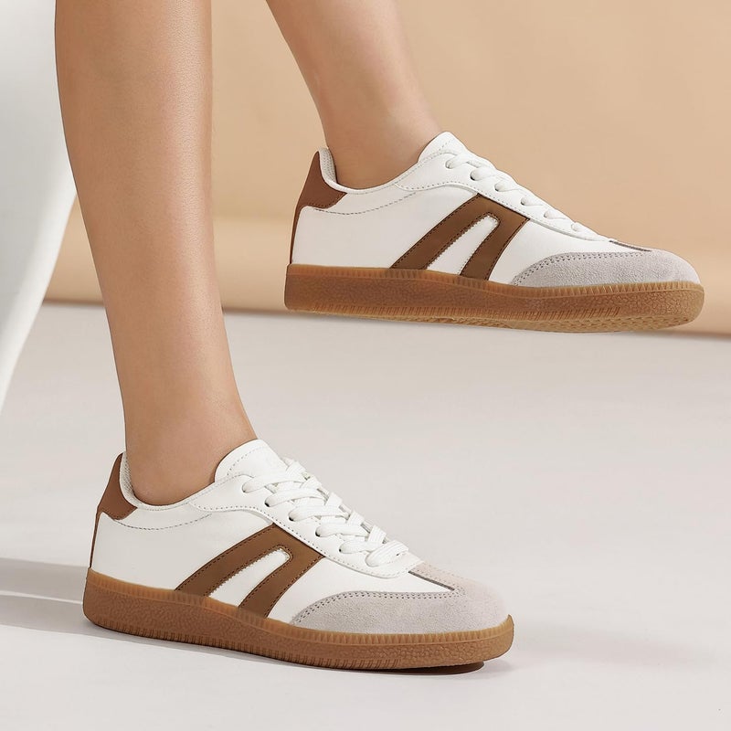 OFG Women's Retro Gum Sole Fashion Sneakers-Lace Detail Casual Retro Walking Shoes-Gum Sole Casual Tennis-Anti Slip Trainersï¼ˆBeige Grey,6ï¼‰ - Image 3