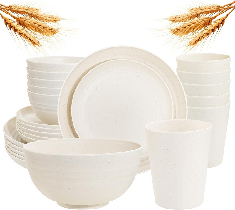 Rubtlamp 24 Pcs Wheat Straw Dinnerware Sets Unbreakable Reusable Plastic Wheat Straw Bowls  Plates Dinner Set Microwave And Dishwasher Safe Plates 12Plates 6Bowls 6Cups for PartyBeige - Image 1