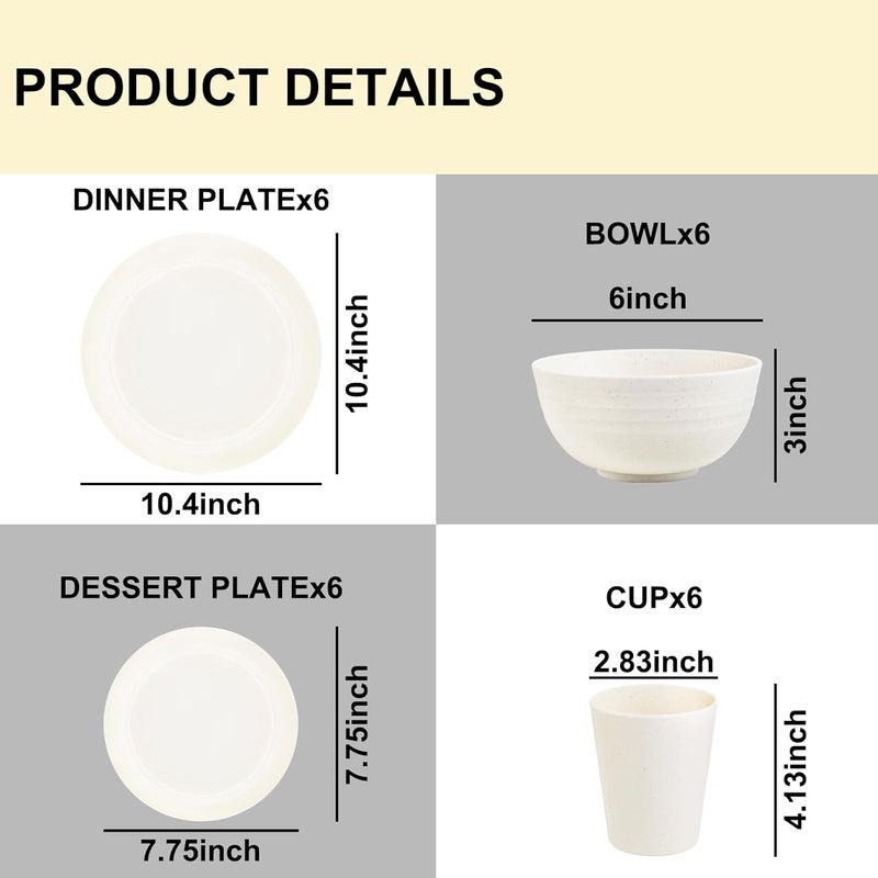 Rubtlamp 24 Pcs Wheat Straw Dinnerware Sets Unbreakable Reusable Plastic Wheat Straw Bowls  Plates Dinner Set Microwave And Dishwasher Safe Plates 12Plates 6Bowls 6Cups for PartyBeige - Image 2