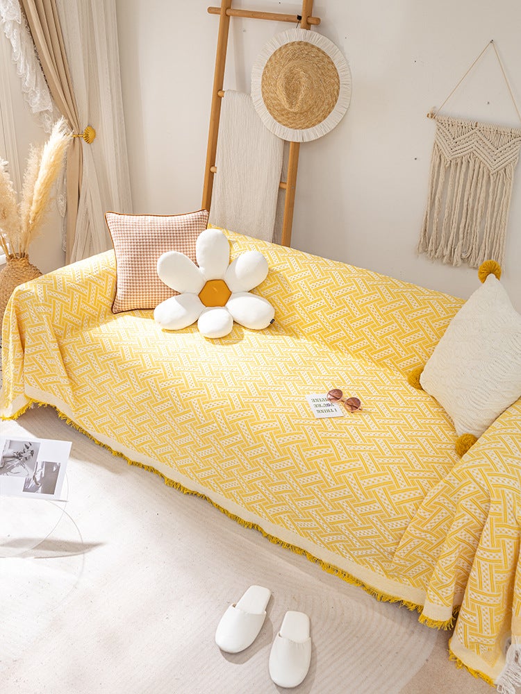 Knitted Universal Sofa Cover Nordic Ins Style T grid-yellow and white [double-sided available | Three-year warranty]] 