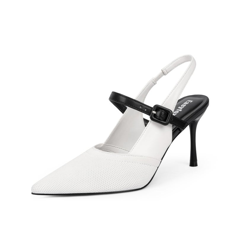 Easyfox White Heels Closed Toe Slingback Knit Heels Stiletto Heel White Pumps for Women Pointed Toe Knitted High Heel Dress Wedding Shoes Size 8.5 - Image 1