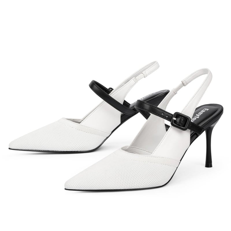 Easyfox White Heels Closed Toe Slingback Knit Heels Stiletto Heel White Pumps for Women Pointed Toe Knitted High Heel Dress Wedding Shoes Size 8.5 - Image 5