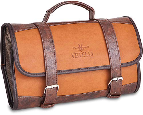 Vetelli Leather Toiletry Bag for Men - Water Resistant, 2 Zippered Internal Pockets, 2 Snap-Fastened Internal Pockets, and Hanging Hook. - Image 1
