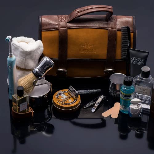 Vetelli Leather Toiletry Bag for Men - Water Resistant, 2 Zippered Internal Pockets, 2 Snap-Fastened Internal Pockets, and Hanging Hook. - Image 3