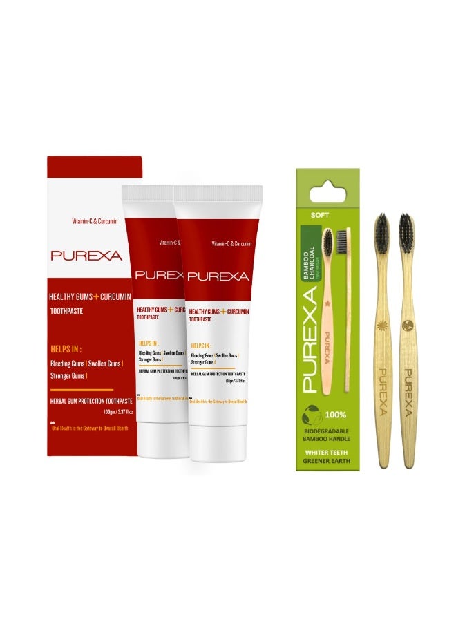 PUREXA Healthy Gums Curcumin Toothpaste Combo | 2 Herbal Gum Care Toothpaste (100g Each) with 2 Bamboo Toothbrushes | Ayurvedic Oral Care for Gum Bleeding, Swelling & Fresh Breath - Image 1
