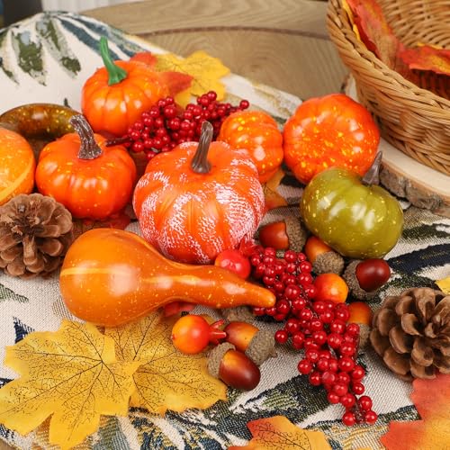 winemana 57pcs Fall Decorations for Home - Small Pumpkins for Decorating with Fake Leaves, Gourds & Pinecones -Thanksgiving Decor for Table Centerpiece Indoor Room Autumn Harvest Decor - Image 5