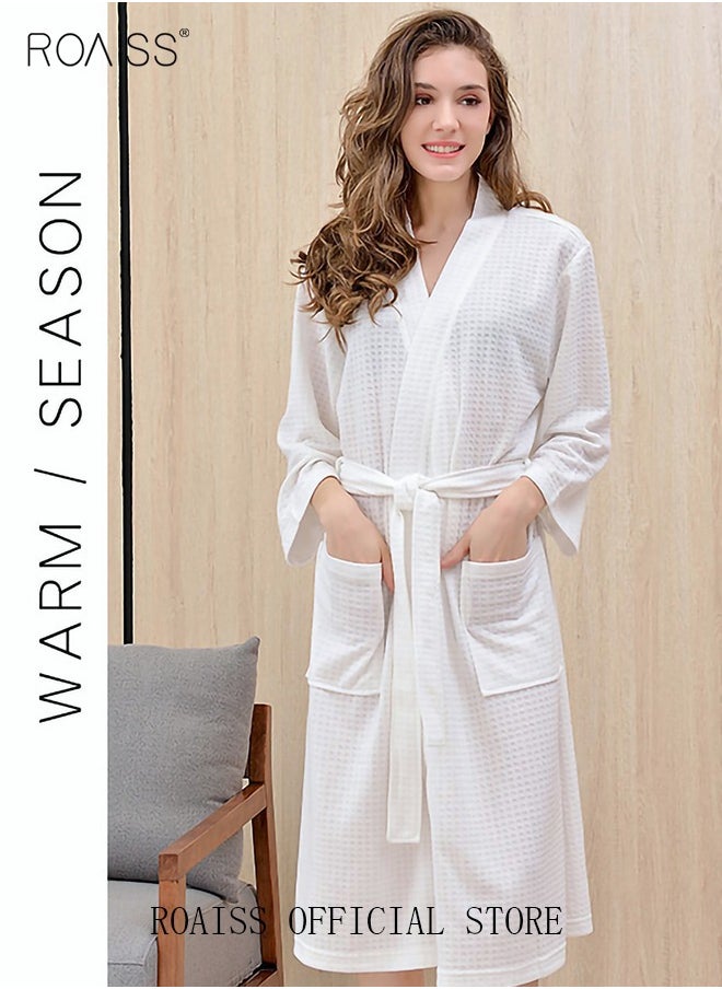 roaiss - Women and Men Waffle Kimono Bathrobe Cotton Sleepwear Spa Robe Nightwear Nightgown Women Water Bathrobe Bridesmaid Robes Unisex Dressing Gown Autumn Robe - Image 1