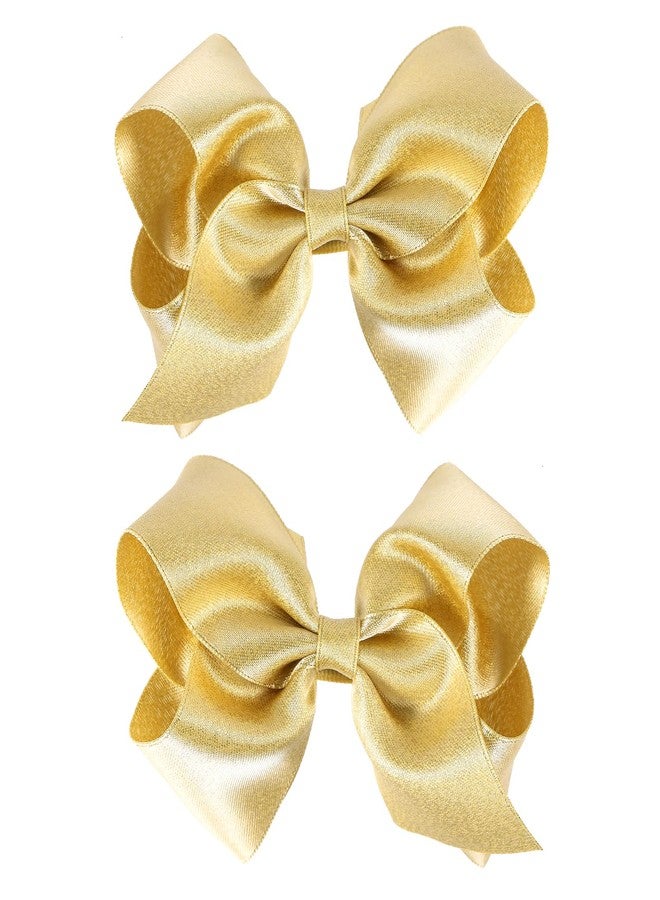 KCHIES 2 Pcs Big Shiny Glitter Light Gold Ribbon Hair Bows Alligator Clips 4" Hand-Made Christmas New Year Gift Wedding Party Dress Decor Accessories for Little Teen Toddler Girls Kids - Image 1