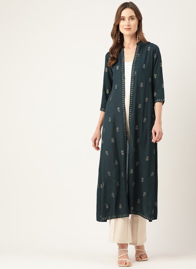 Rue Collection سترة طويلة مفتوحة أمامية مزخرفة بالأزهار للنساء - Image 1