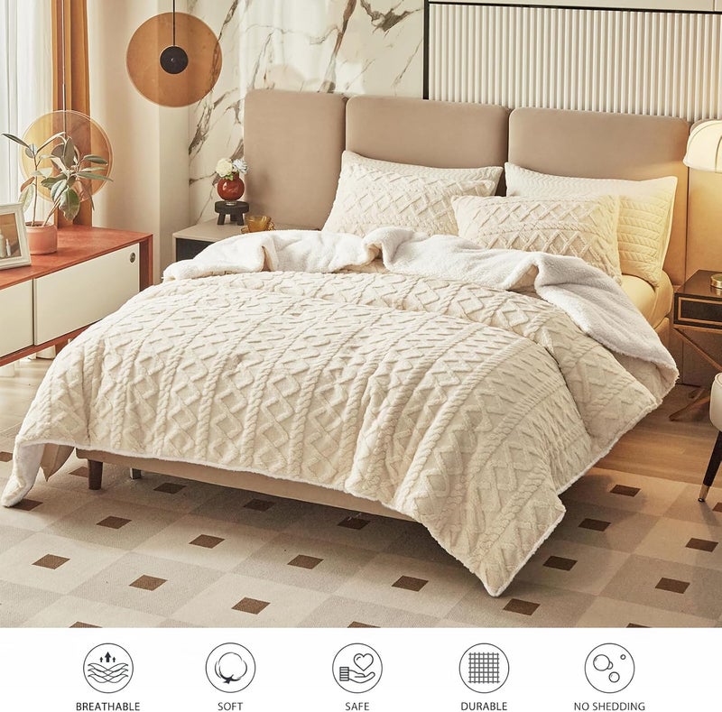 Joyreap 3-Piece Fluffy Faux Fur Sherpa Comforter Set Beige, Twin Size Luxury Tufted Bedding Comforter Set, All Season Soft n Cozy Plush Comforter Bed Set- 68x86 inches - Image 3