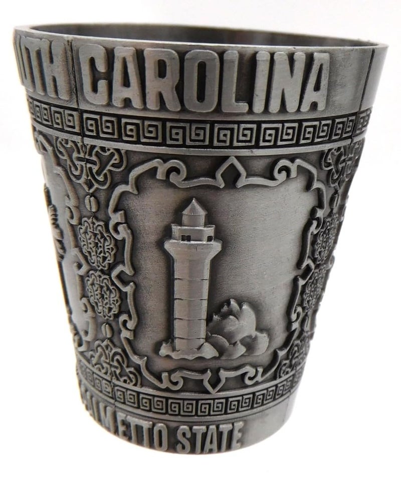 Westmon Works South Carolina Souvenir Shot Glass Pewter Metal with Engraved Landmarks of the Palmetto State