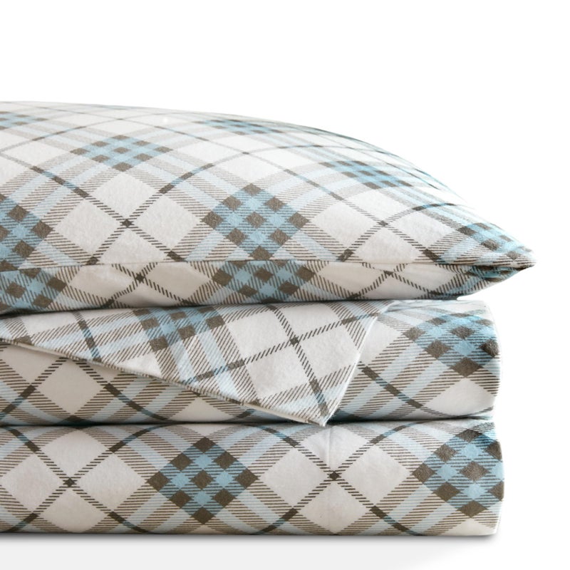 Codi Flannel Sheets King Size- 4 Pieces Ultra Soft Warm Sheet Set  Cozy 100% Cotton Blue Plaid Bedsheets  Brushed for Extra Softness  Fall Themed  14 Inch Deep Pocket - Image 1