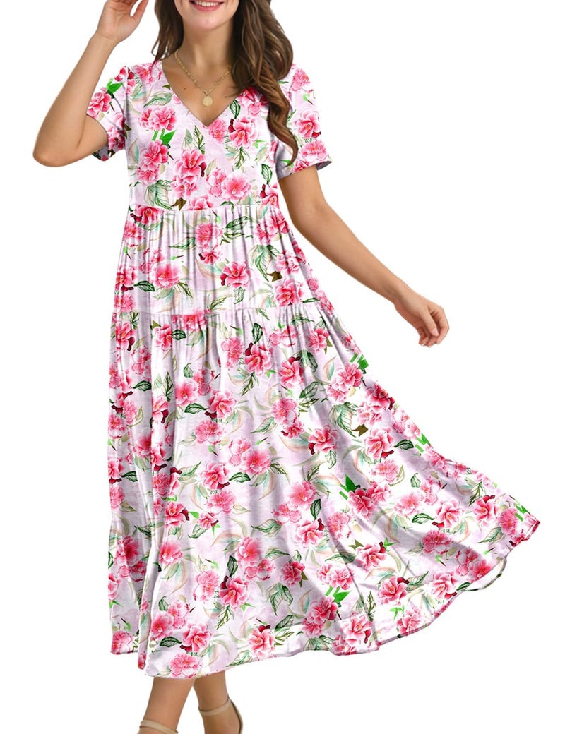 YESNO Women's Summer Maxi Dresses Casual Floral Short Sleeve V Neck Boho Beach Vacation Swing Dress with Pockets L EVF CR475 - Image 1