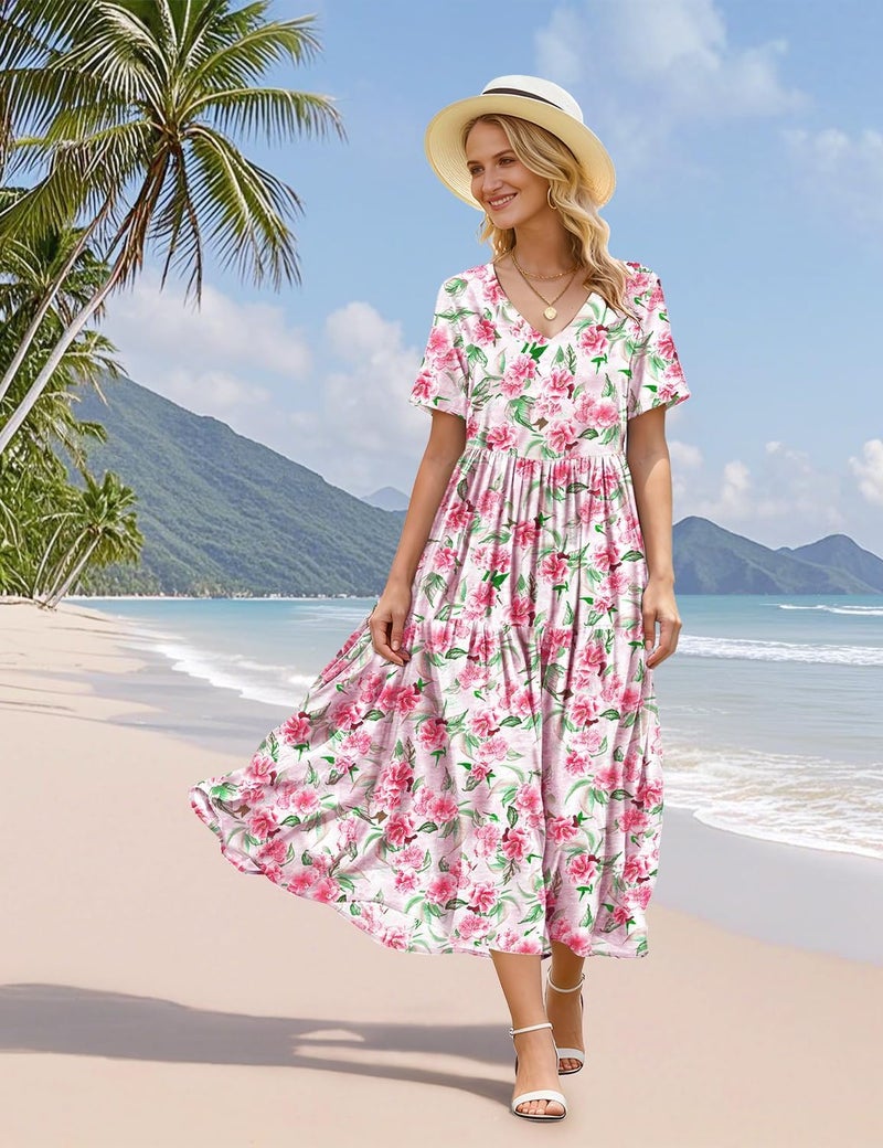 YESNO Women's Summer Maxi Dresses Casual Floral Short Sleeve V Neck Boho Beach Vacation Swing Dress with Pockets L EVF CR475 - Image 5