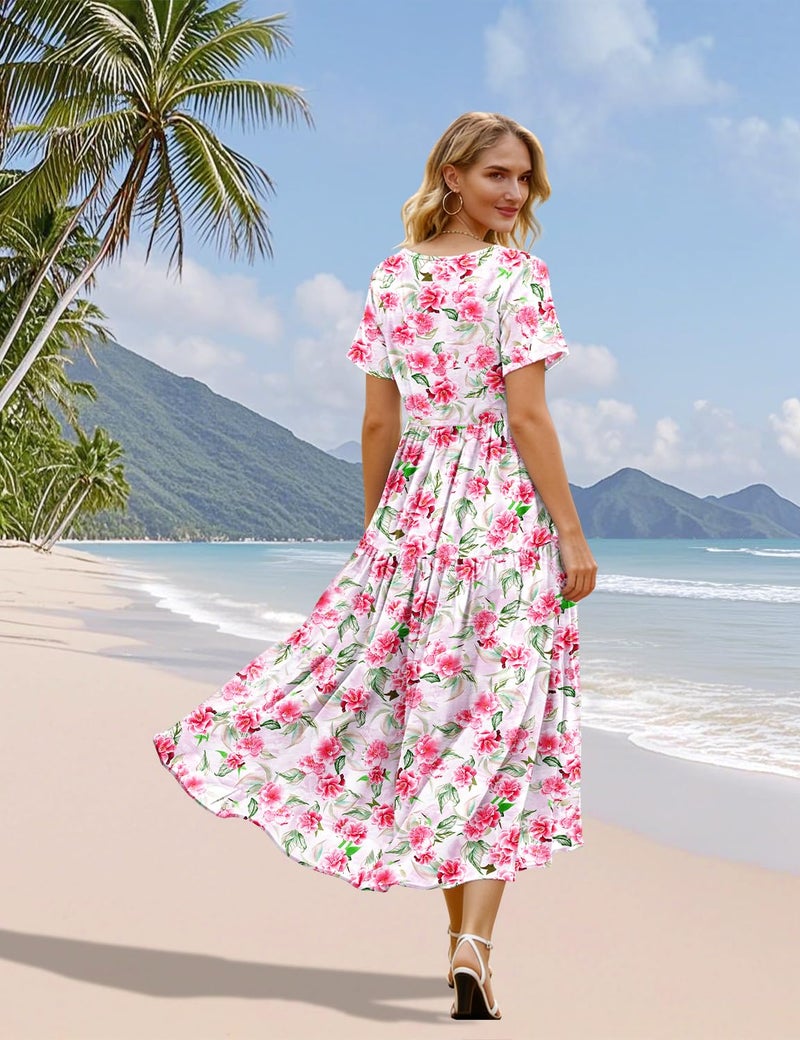 YESNO Women's Summer Maxi Dresses Casual Floral Short Sleeve V Neck Boho Beach Vacation Swing Dress with Pockets L EVF CR475 - Image 4