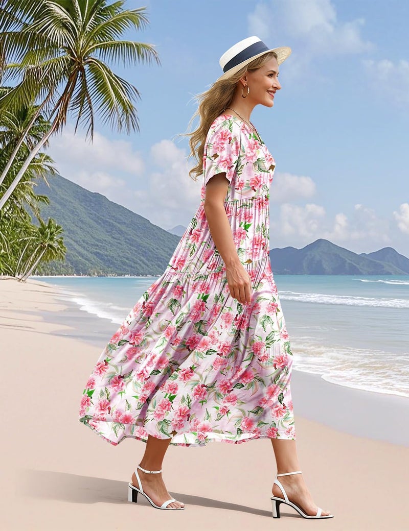YESNO Women's Summer Maxi Dresses Casual Floral Short Sleeve V Neck Boho Beach Vacation Swing Dress with Pockets L EVF CR475 - Image 3