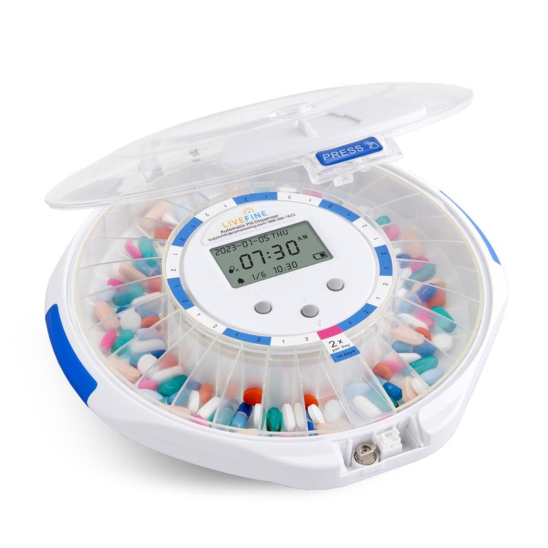 Live Fine LiveFine Automatic Pill Dispenser with 28-Day Electronic Medication Organizer, 6 Dosage Rings, LCD Display with Sound & Light Alerts, Key & Magnifying Glass for Prescriptions, Vitamins & Supplements - Image 1
