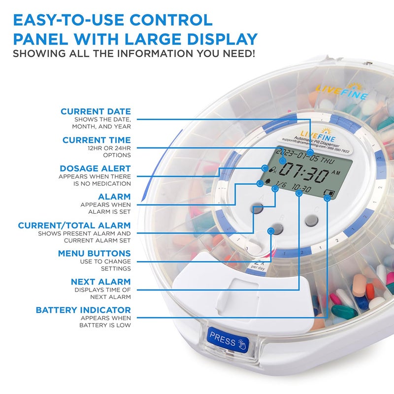 Live Fine LiveFine Automatic Pill Dispenser with 28-Day Electronic Medication Organizer, 6 Dosage Rings, LCD Display with Sound & Light Alerts, Key & Magnifying Glass for Prescriptions, Vitamins & Supplements - Image 4