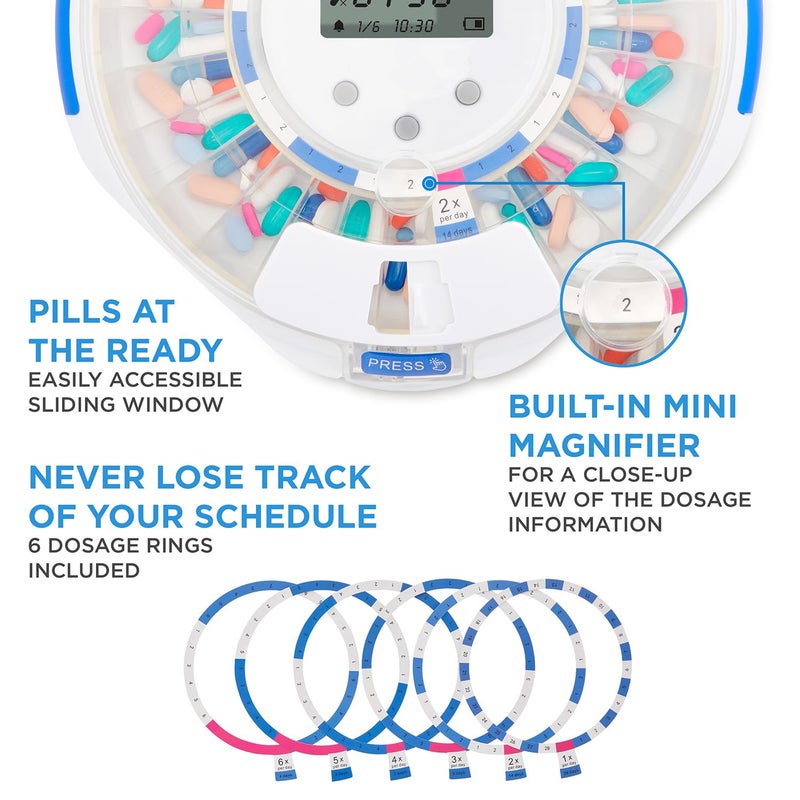Live Fine LiveFine Automatic Pill Dispenser with 28-Day Electronic Medication Organizer, 6 Dosage Rings, LCD Display with Sound & Light Alerts, Key & Magnifying Glass for Prescriptions, Vitamins & Supplements - Image 3