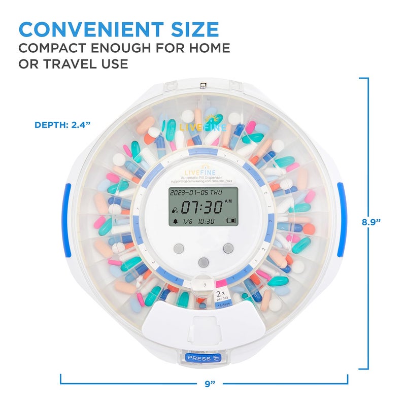 Live Fine LiveFine Automatic Pill Dispenser with 28-Day Electronic Medication Organizer, 6 Dosage Rings, LCD Display with Sound & Light Alerts, Key & Magnifying Glass for Prescriptions, Vitamins & Supplements - Image 2