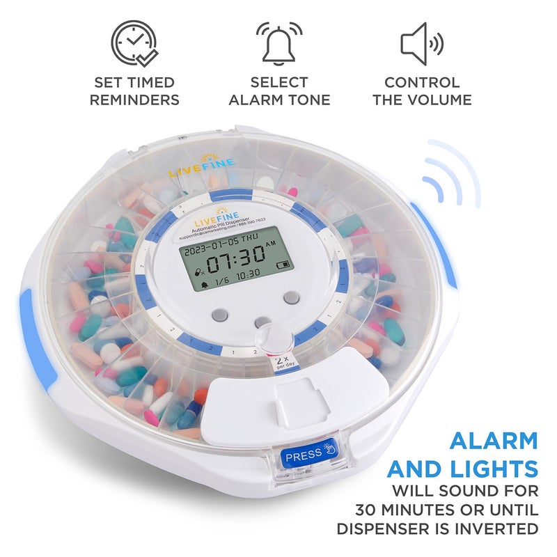 Live Fine LiveFine Automatic Pill Dispenser with 28-Day Electronic Medication Organizer, 6 Dosage Rings, LCD Display with Sound & Light Alerts, Key & Magnifying Glass for Prescriptions, Vitamins & Supplements - Image 5