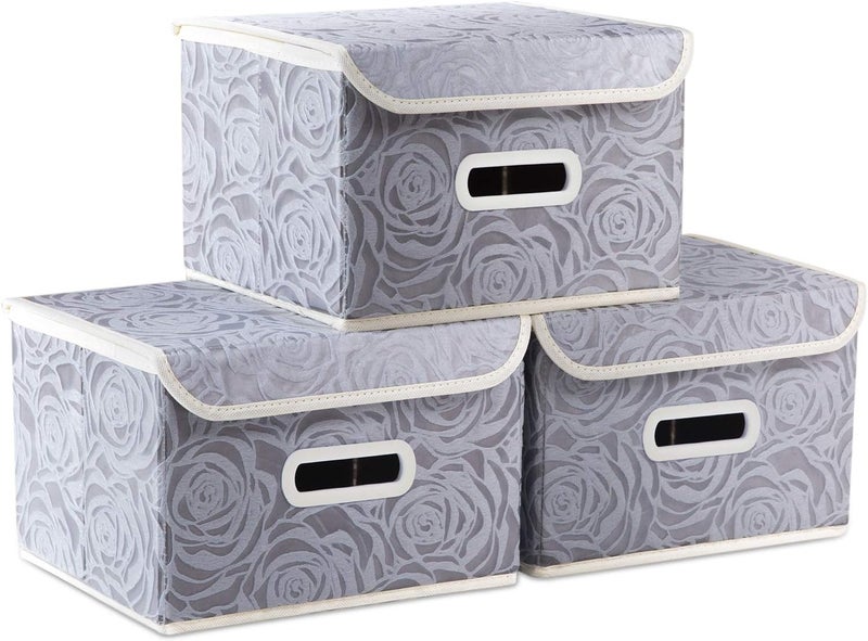 PRANDOM Collapsible Storage Boxes with Lids Fabric Decorative Storage Bins Cubes Organizer Containers Baskets with Cover Handles Divider for Bedroom Closet Living Room 9.8x7.9x6.7 Inch 3 Pack - Image 1