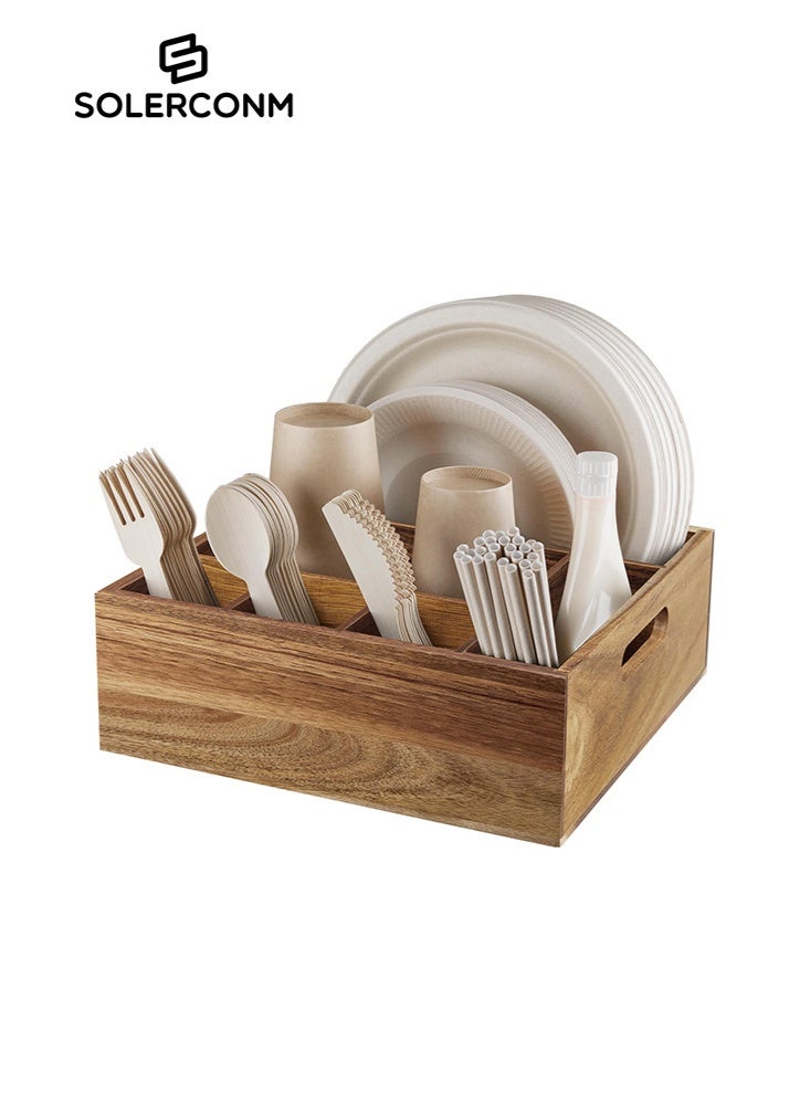 سولاكان علبة تخزين أدوات المائدة بنية اللون مع 6 أقسام – منظم أدوات ومستلزمات المائدة للأطباق والأكواب والشوك والملاعق، للتخزين في المطبخ - Image 1