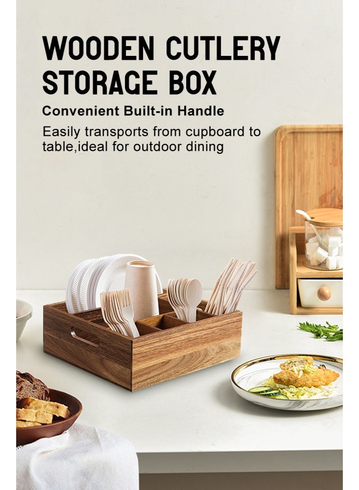 سولاكان علبة تخزين أدوات المائدة بنية اللون مع 6 أقسام – منظم أدوات ومستلزمات المائدة للأطباق والأكواب والشوك والملاعق، للتخزين في المطبخ - Image 2