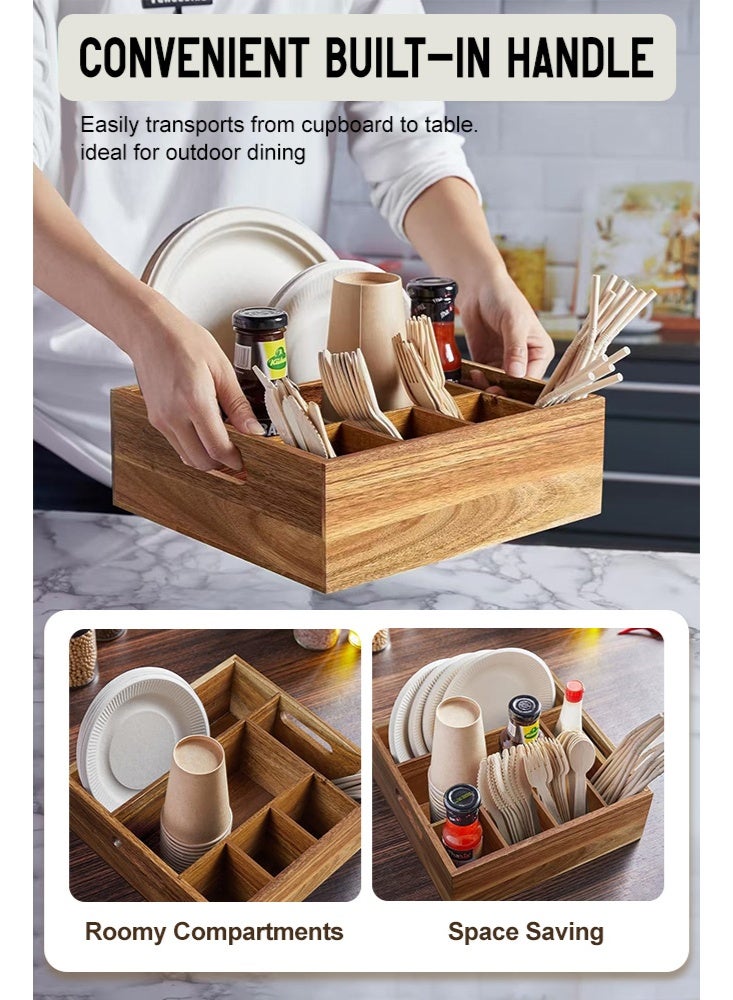سولاكان علبة تخزين أدوات المائدة بنية اللون مع 6 أقسام – منظم أدوات ومستلزمات المائدة للأطباق والأكواب والشوك والملاعق، للتخزين في المطبخ - Image 5