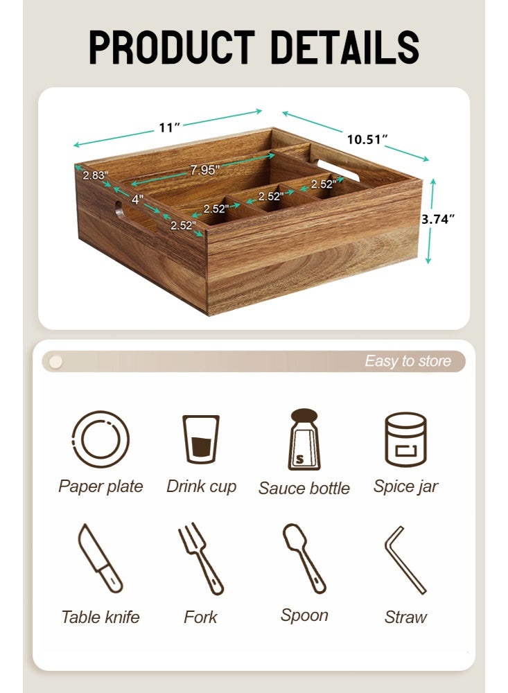 سولاكان علبة تخزين أدوات المائدة بنية اللون مع 6 أقسام – منظم أدوات ومستلزمات المائدة للأطباق والأكواب والشوك والملاعق، للتخزين في المطبخ - Image 3