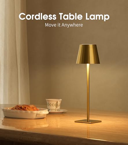UME Cordless Table Lamp Battery Operated Lamp Portable Waterproof Rechargeable Table Lamp w 3 Color Temps Stepless Dimming for Dinner Desk Cafe Outdoor Brushed Gold - Image 3
