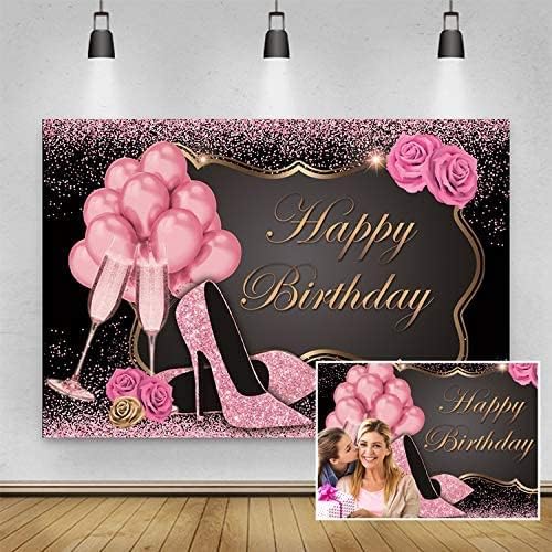 Yeele Rose Gold Glitter Happy Birthday BackdropYeele 10x8ft Sweet Pink Balloons Sequin High Heels Champagne Flower Birthday Photography Background for Women Girl Party Supplies Cake Table Decoration Banner - Image 2