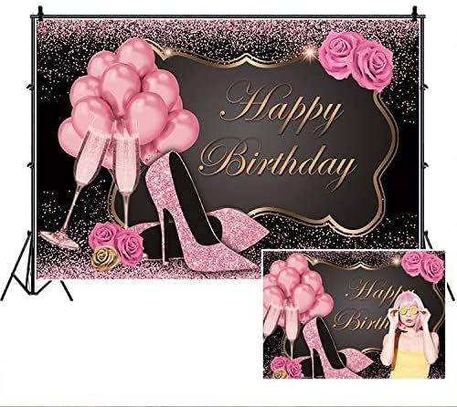 Yeele Rose Gold Glitter Happy Birthday BackdropYeele 10x8ft Sweet Pink Balloons Sequin High Heels Champagne Flower Birthday Photography Background for Women Girl Party Supplies Cake Table Decoration Banner - Image 1