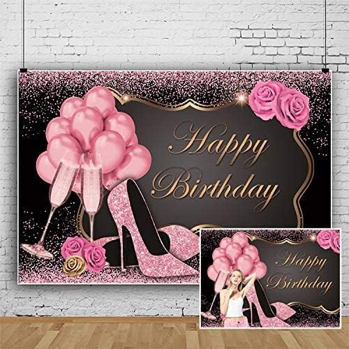 Yeele Rose Gold Glitter Happy Birthday BackdropYeele 10x8ft Sweet Pink Balloons Sequin High Heels Champagne Flower Birthday Photography Background for Women Girl Party Supplies Cake Table Decoration Banner - Image 4