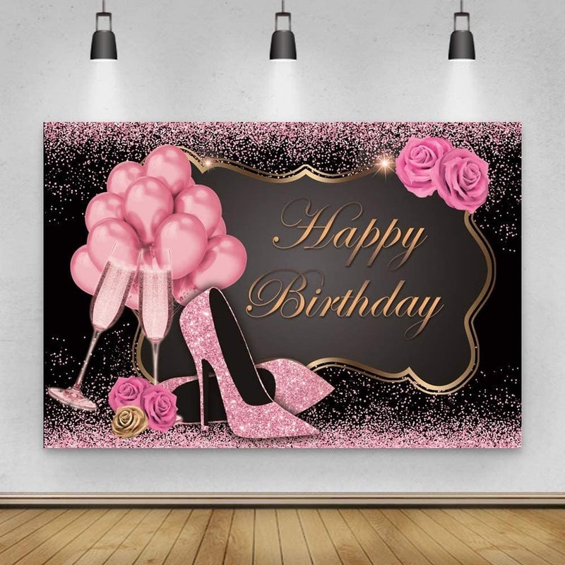 Yeele Rose Gold Glitter Happy Birthday BackdropYeele 10x8ft Sweet Pink Balloons Sequin High Heels Champagne Flower Birthday Photography Background for Women Girl Party Supplies Cake Table Decoration Banner - Image 3