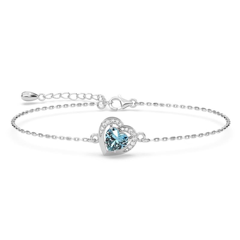 Clara 925 Sterling Silver Sky Blue Heart Bracelet | Adjustable, Platinum Plated, Swiss Zirconia | Gift for Women and Girls - Image 1