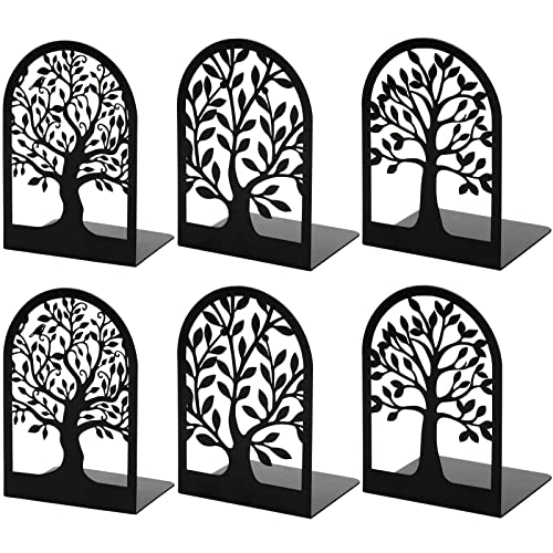 HappyHapi Book Ends, Metal Bookends for Shelves Decorative, Tree Stopper for Heavy Books, Black Ends to Hold Books for Home Office, 6.5 X 4.7 X 3.5 Inch(3 Pairs/6 Pcs, Large) - Image 1