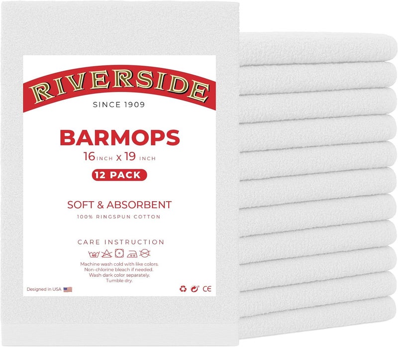 Riverside Bar Mop Towels Pack of 12, 16x19 Inches, 100% Ring Spun Cotton Terry Cloth Kitchen Towel, Highly Absorbent & Reusable Multipurpose Cleaning Rags for Bathroom, Hotel, Restaurant, White - Image 1
