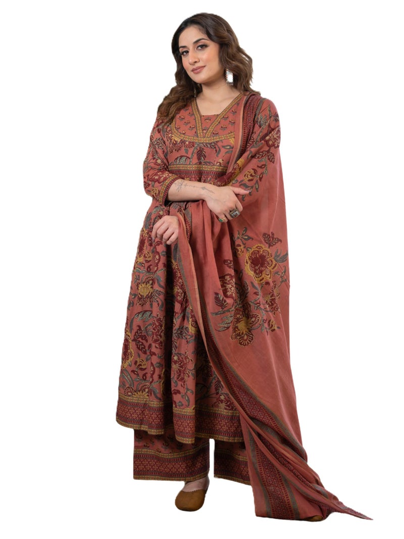 Arayna Women’s 100% Cotton Anarkali Kurta Set with Pant & Dupatta | Jaipuri Floral Ethnic Suit Rust Orange, 6X-Large - Image 1