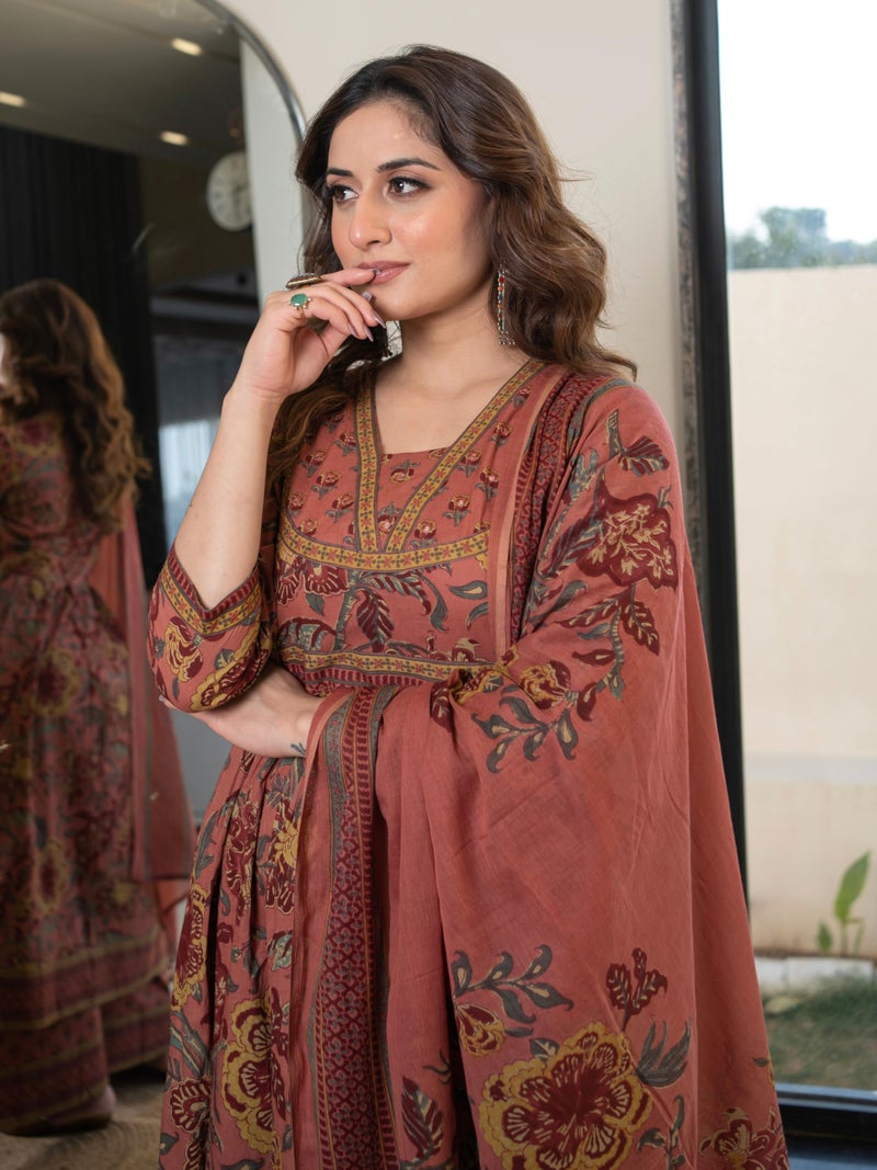Arayna Women’s 100% Cotton Anarkali Kurta Set with Pant & Dupatta | Jaipuri Floral Ethnic Suit Rust Orange, 6X-Large - Image 4
