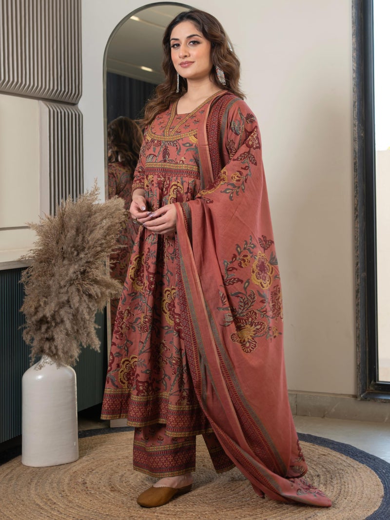 Arayna Women’s 100% Cotton Anarkali Kurta Set with Pant & Dupatta | Jaipuri Floral Ethnic Suit Rust Orange, 6X-Large - Image 5
