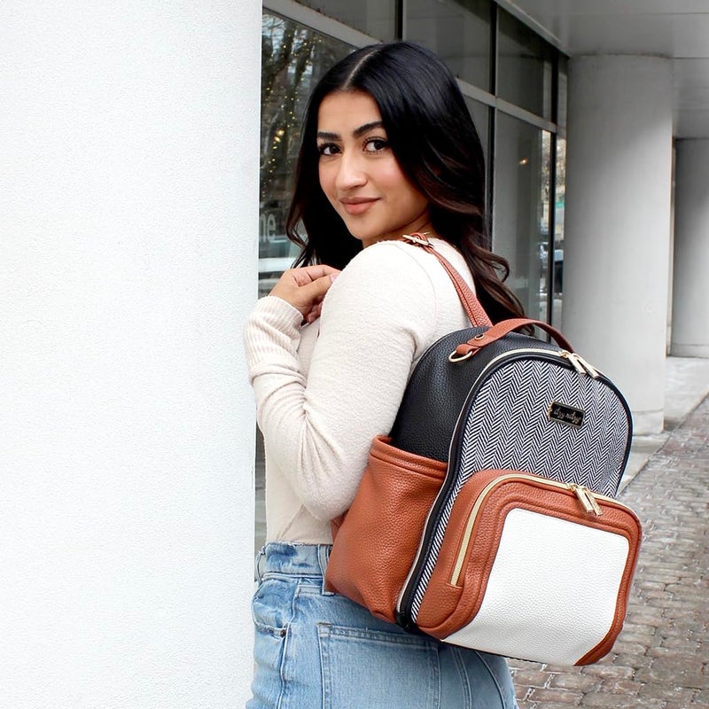 Itzy Ritzy Mini Diaper Bag Backpack â€“ Chic, Compact Mini Plus Backpack with Changing Pad, 10 Pockets (6 Internal, 4 External), Grab-Top Handle & Rubber Feet (Coffee & Cream) - Image 2