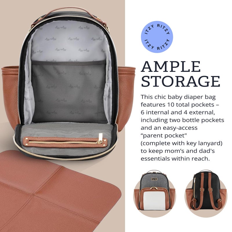 Itzy Ritzy Mini Diaper Bag Backpack â€“ Chic, Compact Mini Plus Backpack with Changing Pad, 10 Pockets (6 Internal, 4 External), Grab-Top Handle & Rubber Feet (Coffee & Cream) - Image 5
