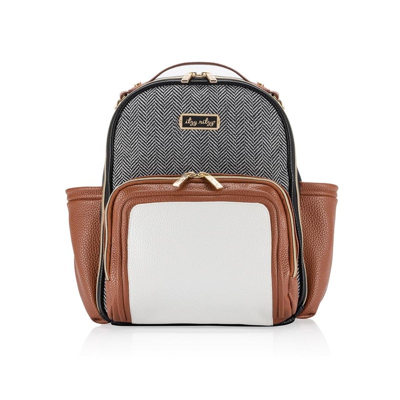 Itzy Ritzy Mini Diaper Bag Backpack â€“ Chic, Compact Mini Plus Backpack with Changing Pad, 10 Pockets (6 Internal, 4 External), Grab-Top Handle & Rubber Feet (Coffee & Cream) - Image 1