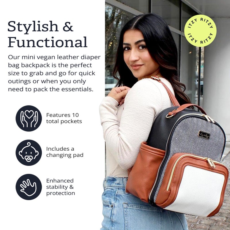 Itzy Ritzy Mini Diaper Bag Backpack â€“ Chic, Compact Mini Plus Backpack with Changing Pad, 10 Pockets (6 Internal, 4 External), Grab-Top Handle & Rubber Feet (Coffee & Cream) - Image 4