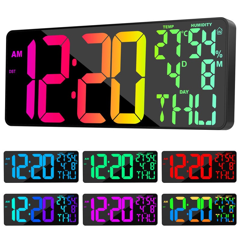 XREXS 18 Inch Large Digital Wall Clock 10 RGB Color Changing DateTempHumidity Display Auto Dimming Digital Clock for All Large Spaces Use