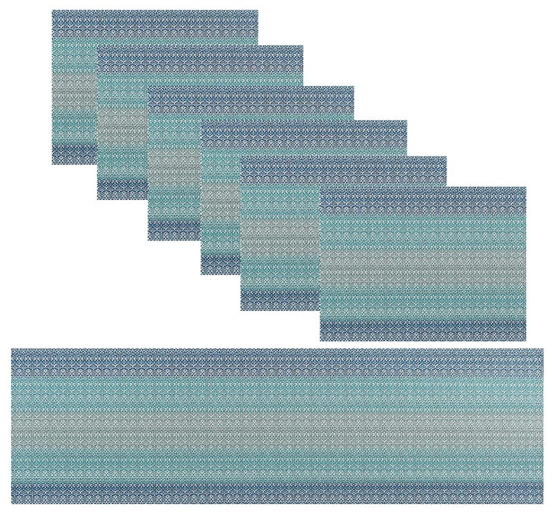 Misuhom المفوضات المنسوجة فينيل كروسوفايف المطبخ Tablemat الحصير PVC الطاولة القابلة للغسل مجموعات لحفلات طاولة الطعام مزرعة عيد الميلاد عيد الميلاد والتجمع (6 مفارش + 1 طاولة عداء الساحل الأزرق) - Image 1