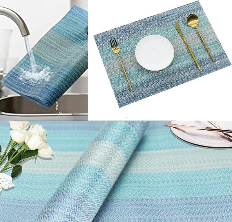 Misuhom المفوضات المنسوجة فينيل كروسوفايف المطبخ Tablemat الحصير PVC الطاولة القابلة للغسل مجموعات لحفلات طاولة الطعام مزرعة عيد الميلاد عيد الميلاد والتجمع (6 مفارش + 1 طاولة عداء الساحل الأزرق) - Image 5