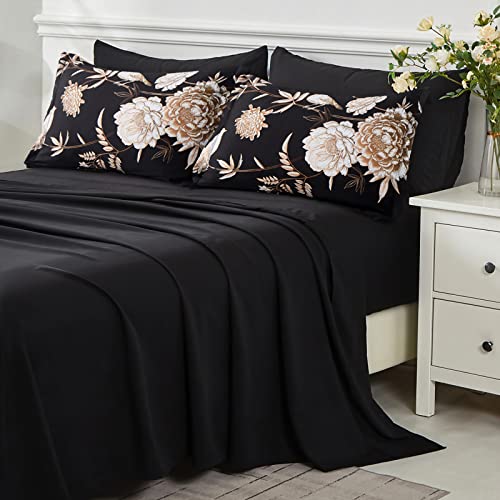 Yogeneg 7 Piece Bed in a Bag Kingsize Comforter Set Botanical Floral Bedding Set,Flower Leaf Brid Printed on Black Reversible Design,Soft Microfiber Comforter with Sheet Set,All Season(Black B,King) - Image 4