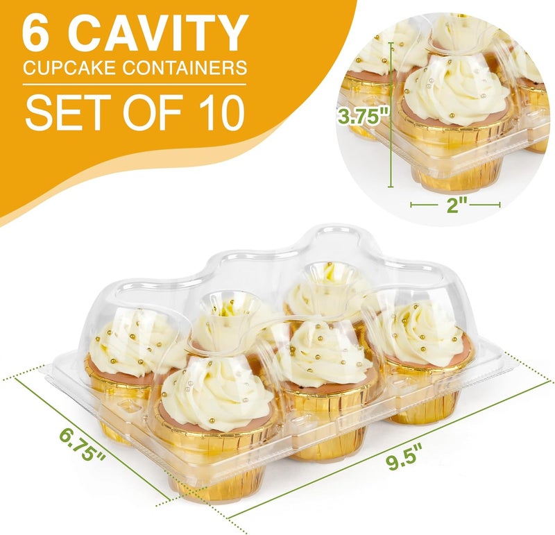 LotFancy Cupcake Containers 6 Count, 10 Sets, Clear Plastic Cupcake Boxes, Disposable Cupcake Carriers with Detachable Tall Dome Lid, BPA Free, Standard Size - Image 2
